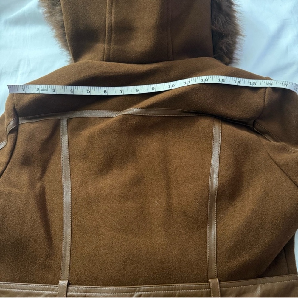 Brown faux fur belted hooded pea coat with faux leather trims - Picture 7 of 10